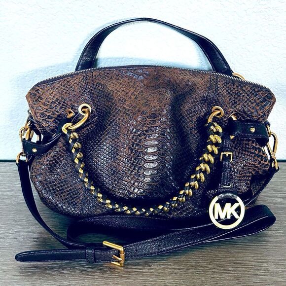 Michael Kors Brown Python Snake Textured Leather Satchel Handbag Purse - Picture 1 of 12